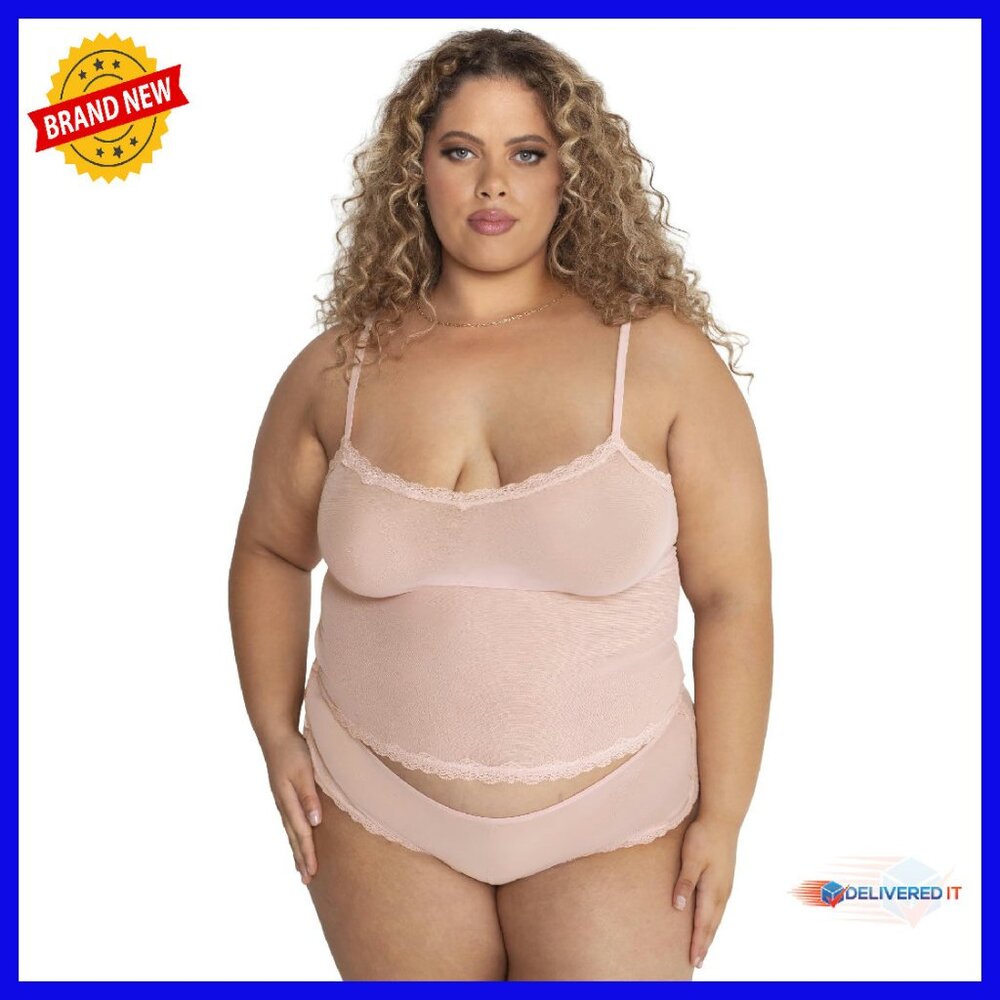 Mesh Cami And Shorts Sleep Set, Sheer Lace Trim, Loose Fit